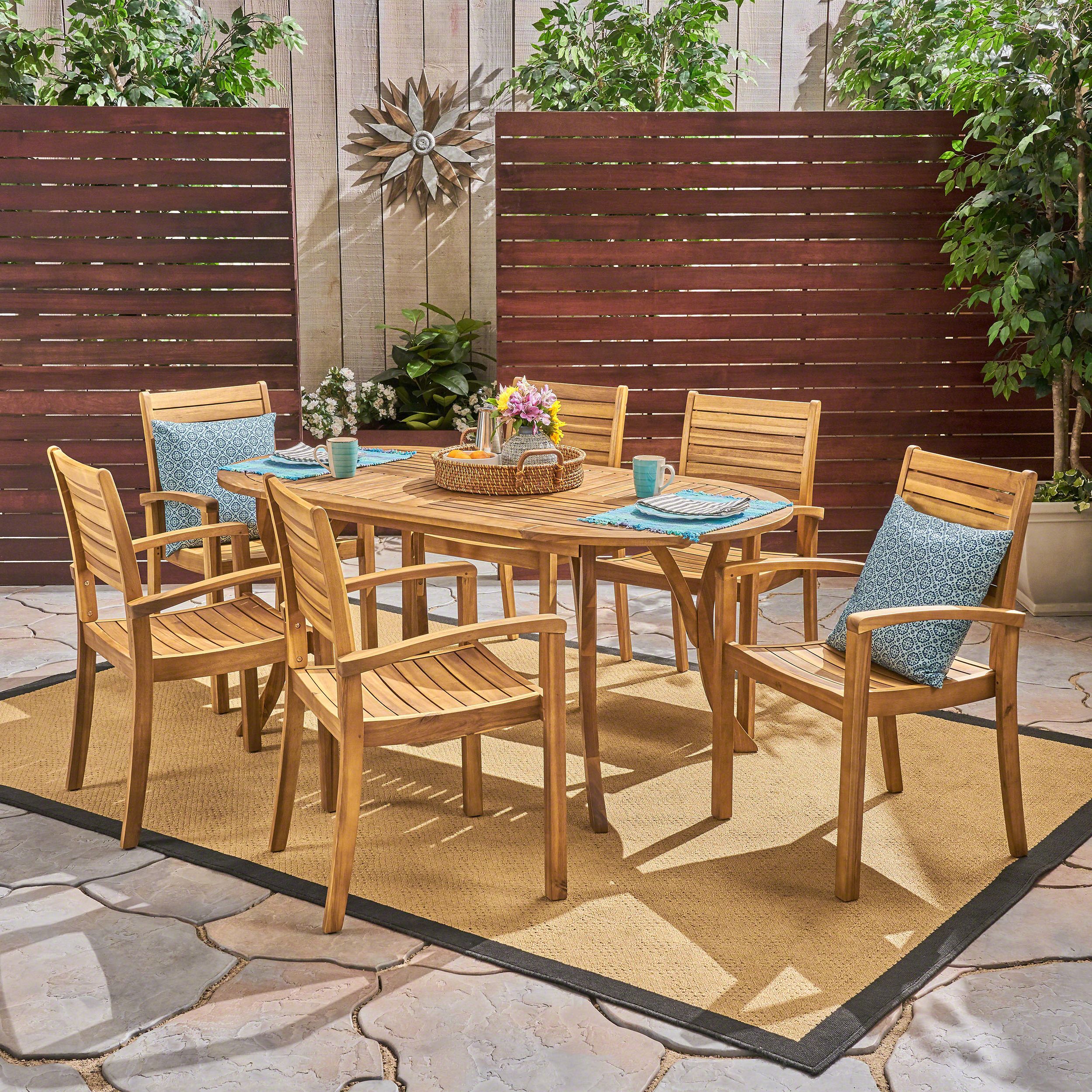 Newest Adriana Outdoor 7 Piece Acacia Wood Oval Dining Set, Teak – Walmart Pertaining To Oval 7 Piece Outdoor Patio Dining Sets (View 1 of 15)