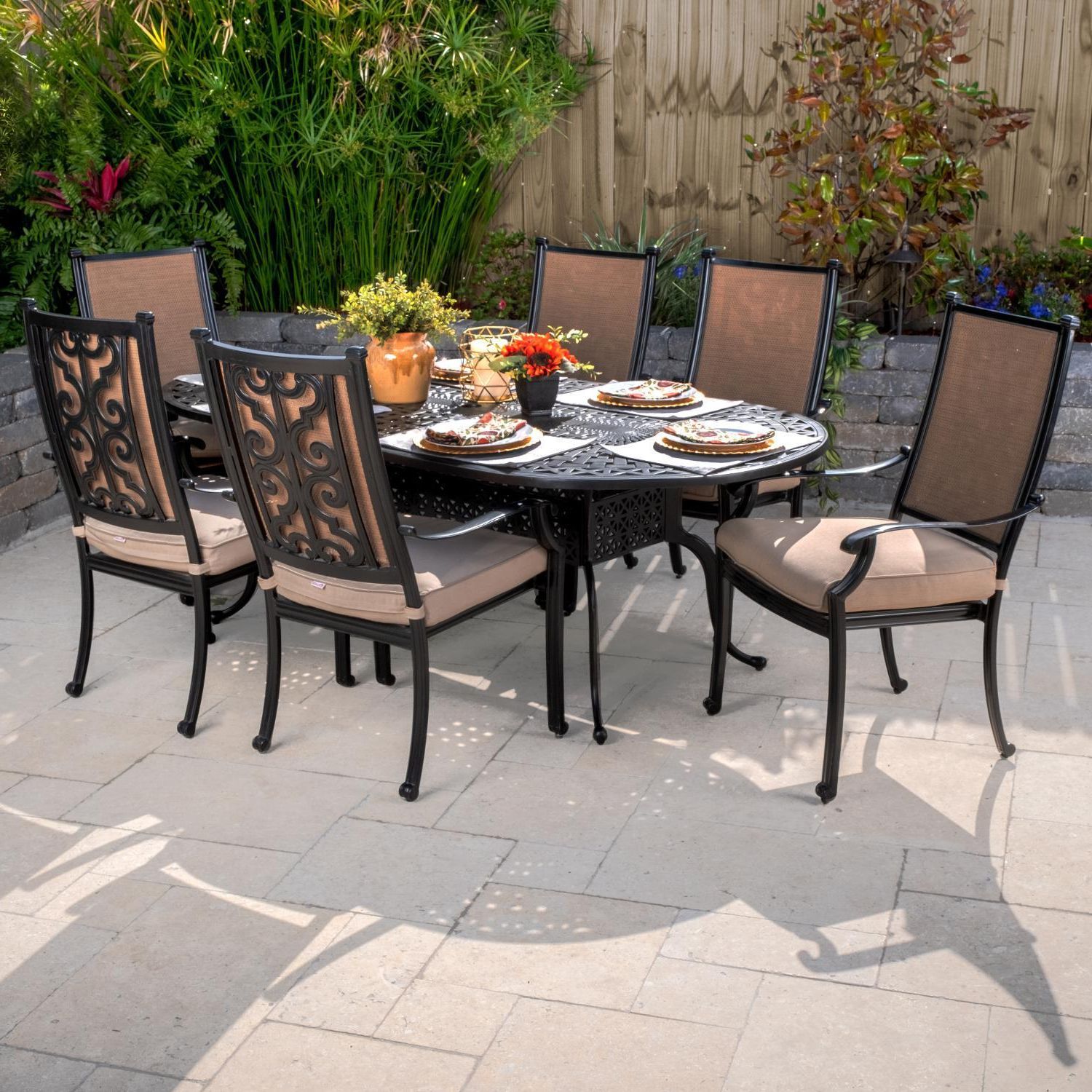 Newest Bocage 7 Piece Cast Aluminum Sling Patio Dining Set W/ 84 X 42 Inch Regarding 7 Piece Patio Dining Sets With Cushions (View 4 of 15)