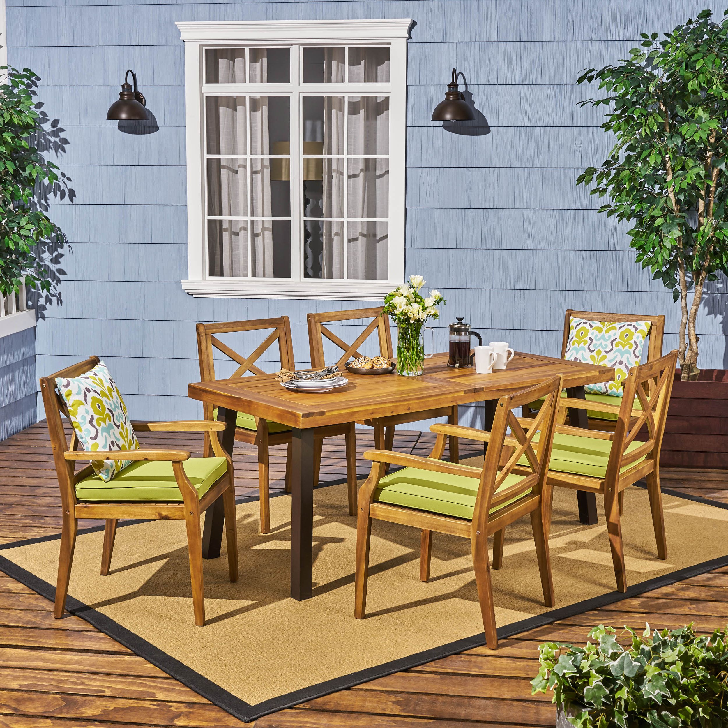 Newest Corey Outdoor 7 Piece Acacia Wood Dining Set With Table, Teak, Rustic Intended For Acacia Wood Outdoor Seating Patio Sets (View 3 of 15)