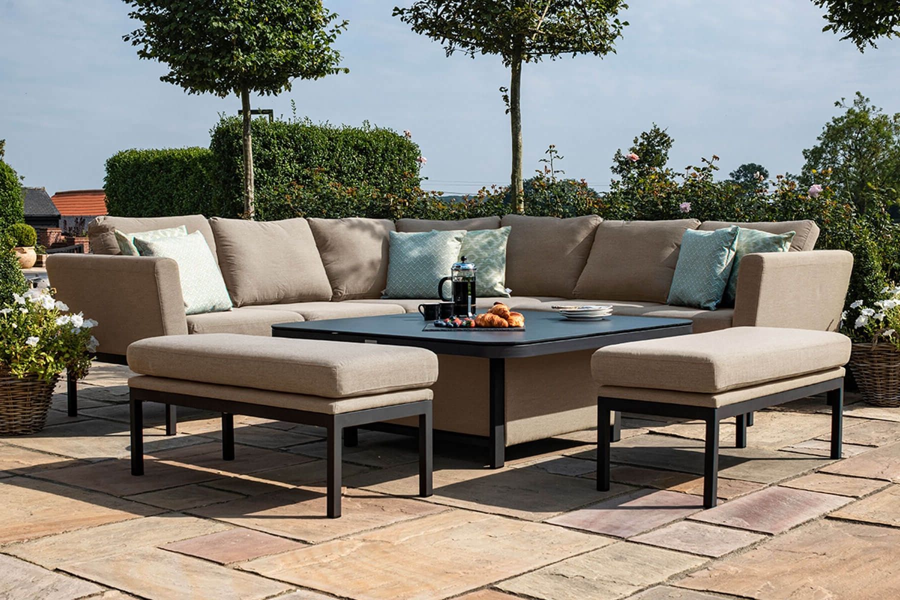 Newest Deluxe Square Patio Dining Sets Pertaining To Maze Outdoor Fabric Pulse Deluxe Square Corner Dining Set – Rising Table (View 9 of 15)