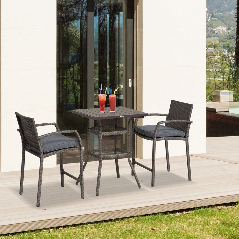 Newest Ebern Designs 3 Piece Outdoor Pe Rattan Wicker Patio Conversation Table With Regard To 3 Piece Outdoor Table And Chair Sets (View 8 of 15)