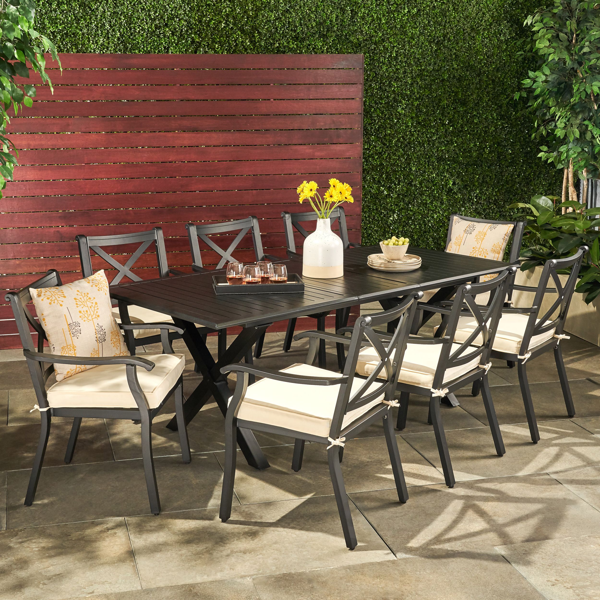 Newest Eowyn Outdoor 9 Piece Cast Aluminum Dining Set With Ivory Water Pertaining To 9 Piece Rectangular Patio Dining Sets (View 2 of 15)