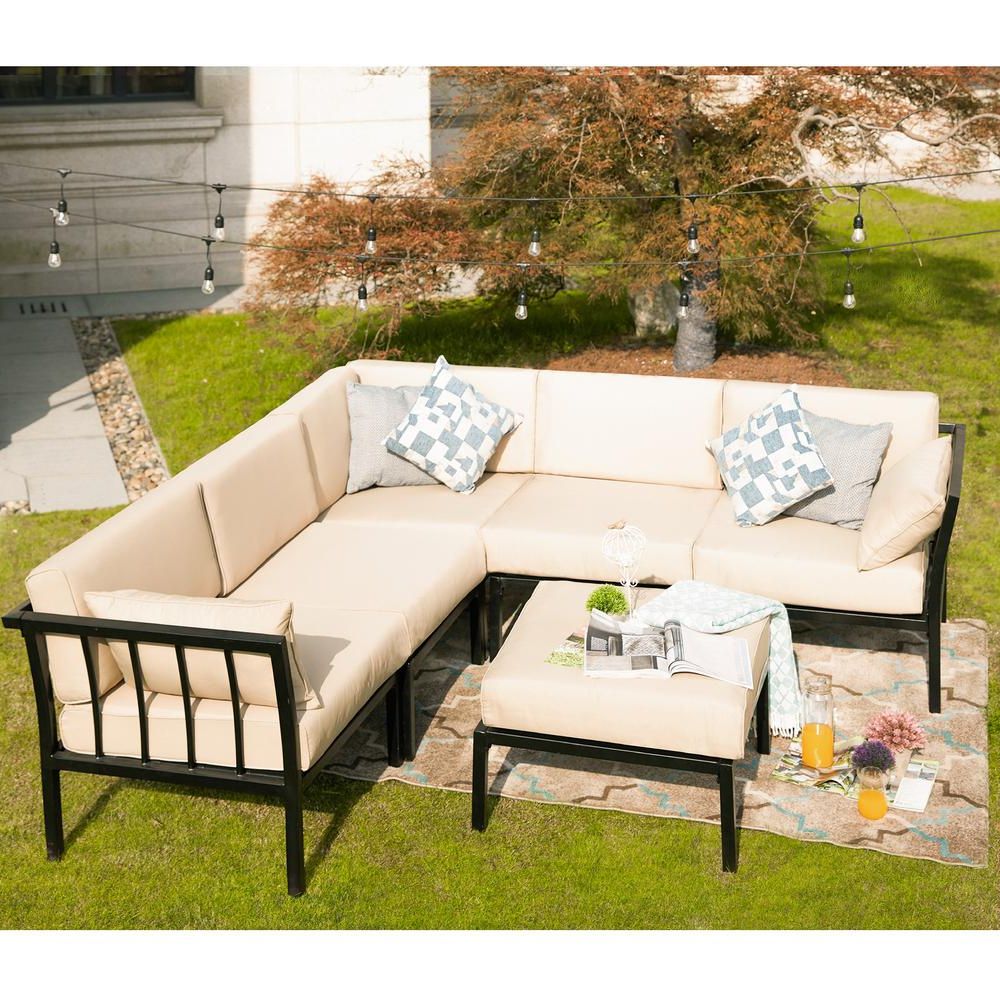 Newest Patio Festival 6 Piece Metal Outdoor Sectional Set With Beige Cushions With 5 Piece 4 Seat Outdoor Patio Sets (View 7 of 15)