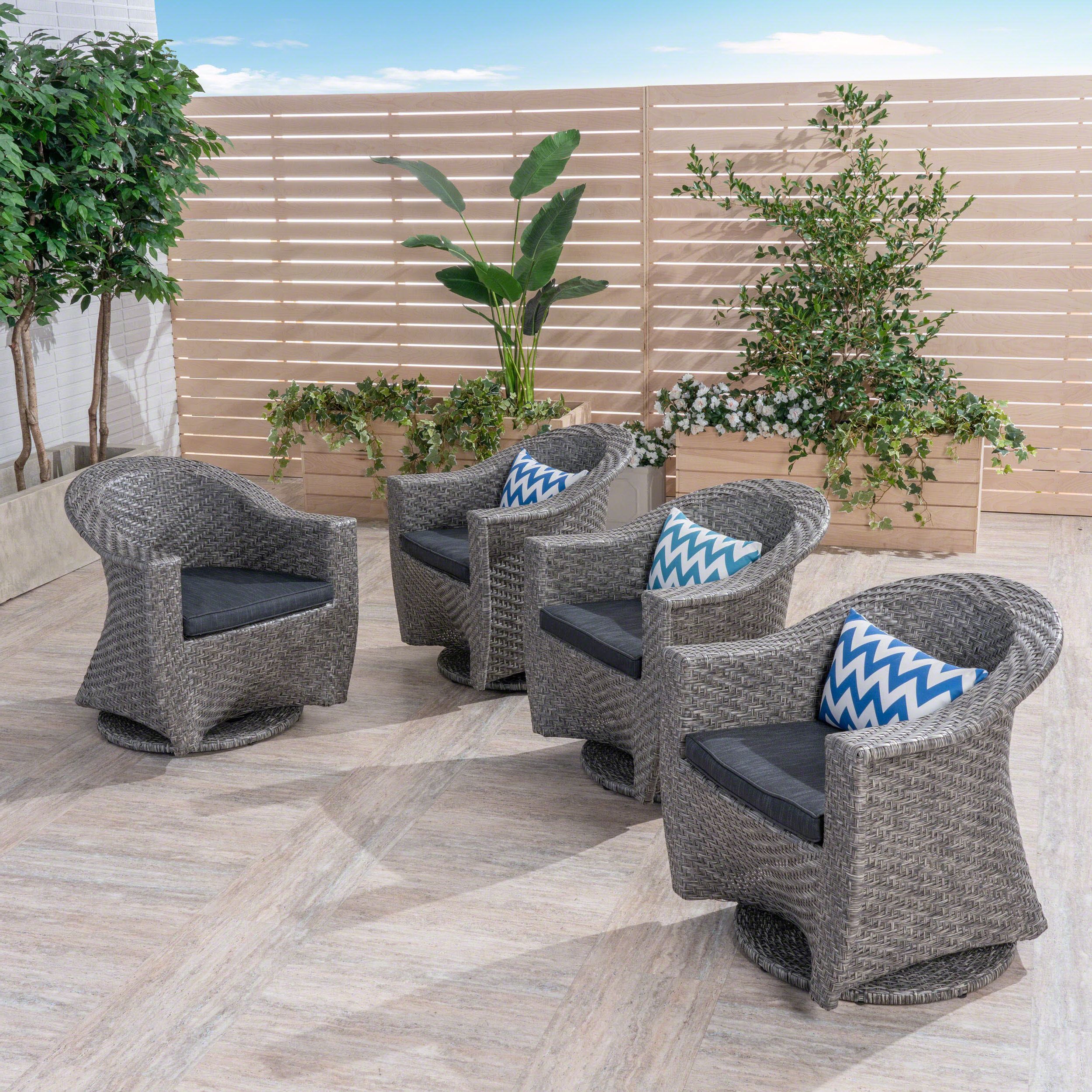 Newest Rattan Wicker Outdoor Seating Sets Throughout Mackenzie Outdoor Swivel Wicker Chairs With Cushions, Set Of 4, Mixed (View 3 of 15)