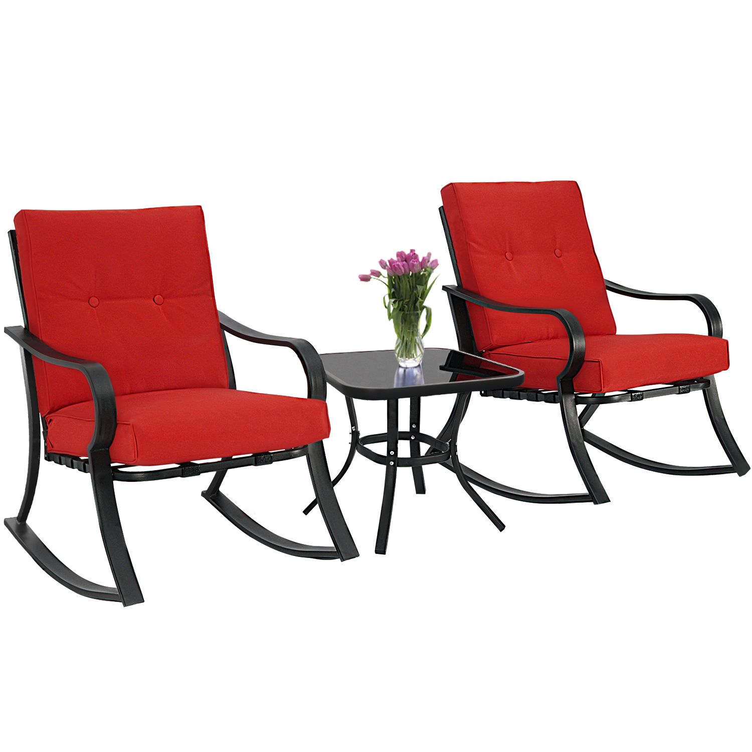 Newest Suncrown Outdoor 3 Piece Rocking Chairs Bistro Set, Black Metal Patio With 3 Piece Outdoor Table And Chair Sets (View 12 of 15)