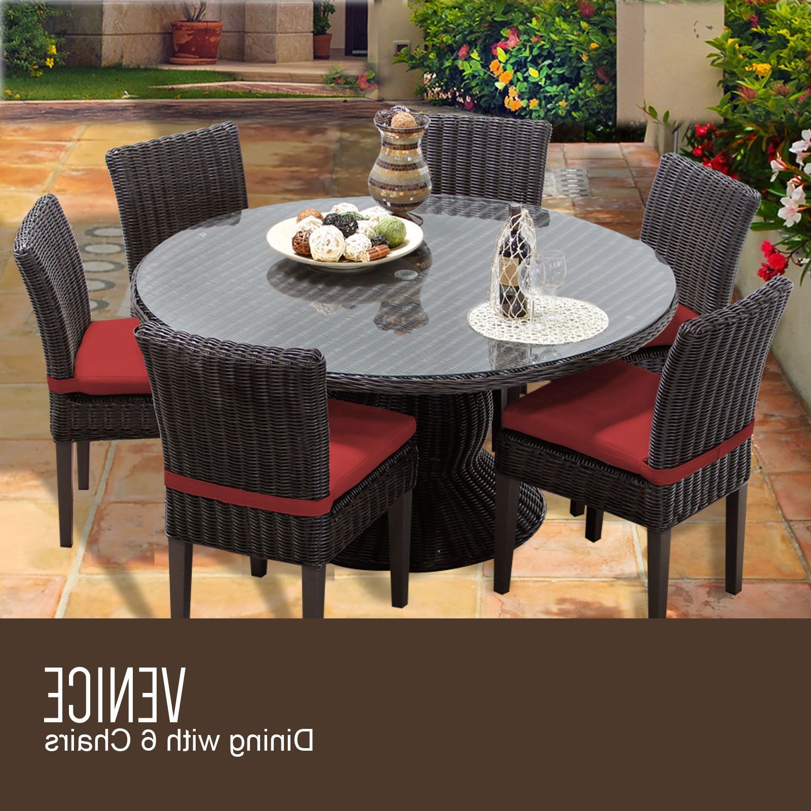 Newest Venice 60 Inch Outdoor Patio Dining Table With 6 Armless Chairs (with With Regard To Armless Round Dining Sets (View 7 of 15)