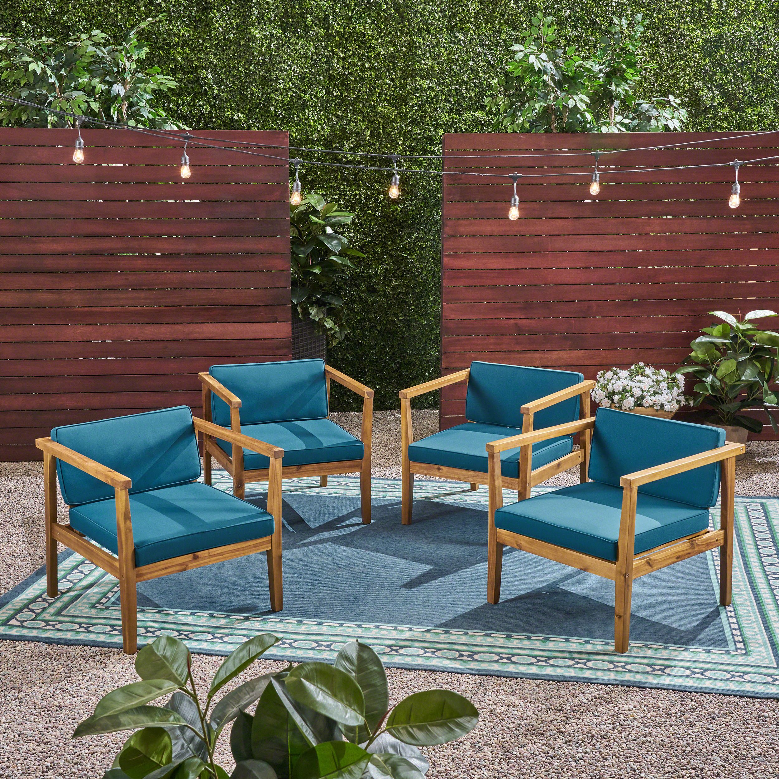 Newest Wood Outdoor Armchair Sets Throughout Newbury Outdoor Acacia Wood Club Chairs With Cushions, Set Of 4, Teak (View 4 of 15)