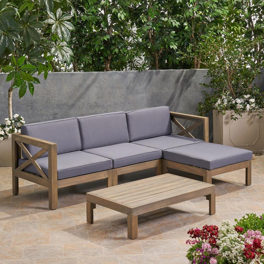 Noble House Alcove Grey 5 Piece Acacia Wood Patio Conversation Intended For Current Gray Wood Outdoor Conversation Sets (View 11 of 15)