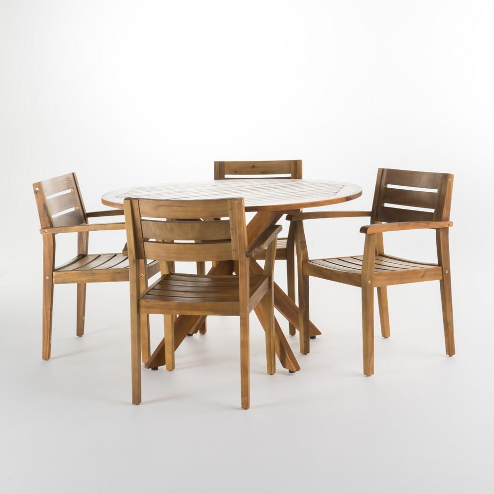 Noble House Darius 5 Piece Acacia Wood Round Outdoor Dining Set 300539 Pertaining To Newest Acacia Wood Outdoor Seating Patio Sets (View 12 of 15)