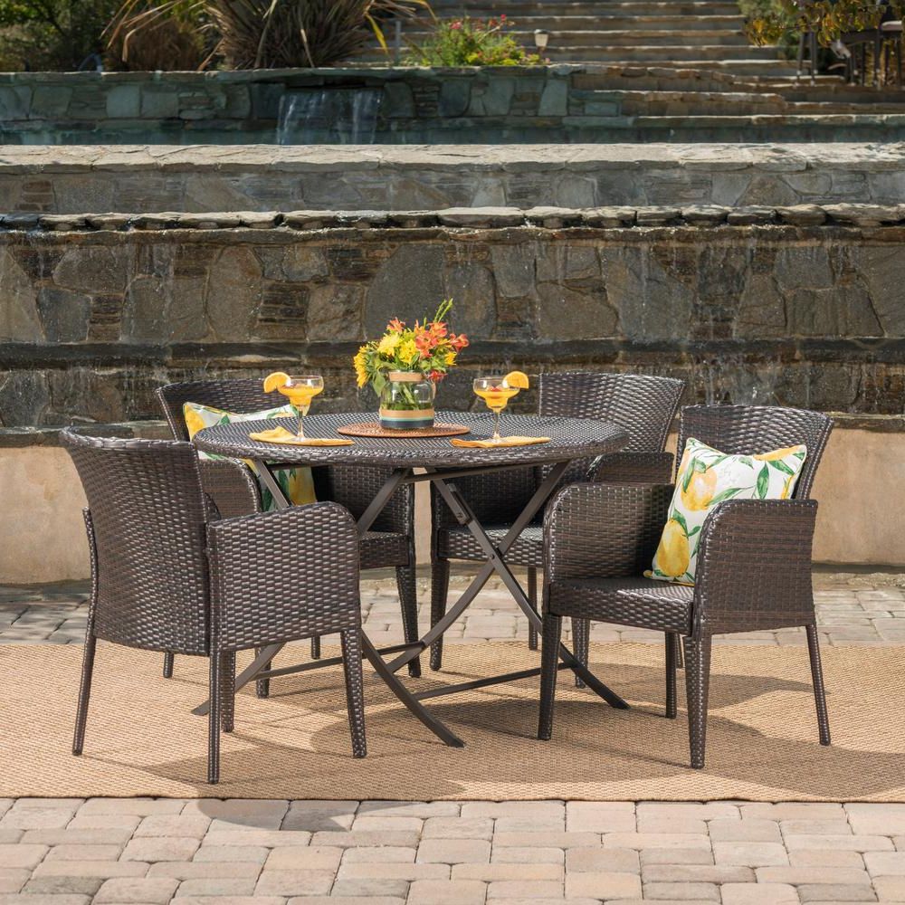 Noble House Jefferson Multi Brown 5 Piece Wicker Round Outdoor Dining With Most Recent Round 5 Piece Outdoor Dining Set (View 12 of 15)