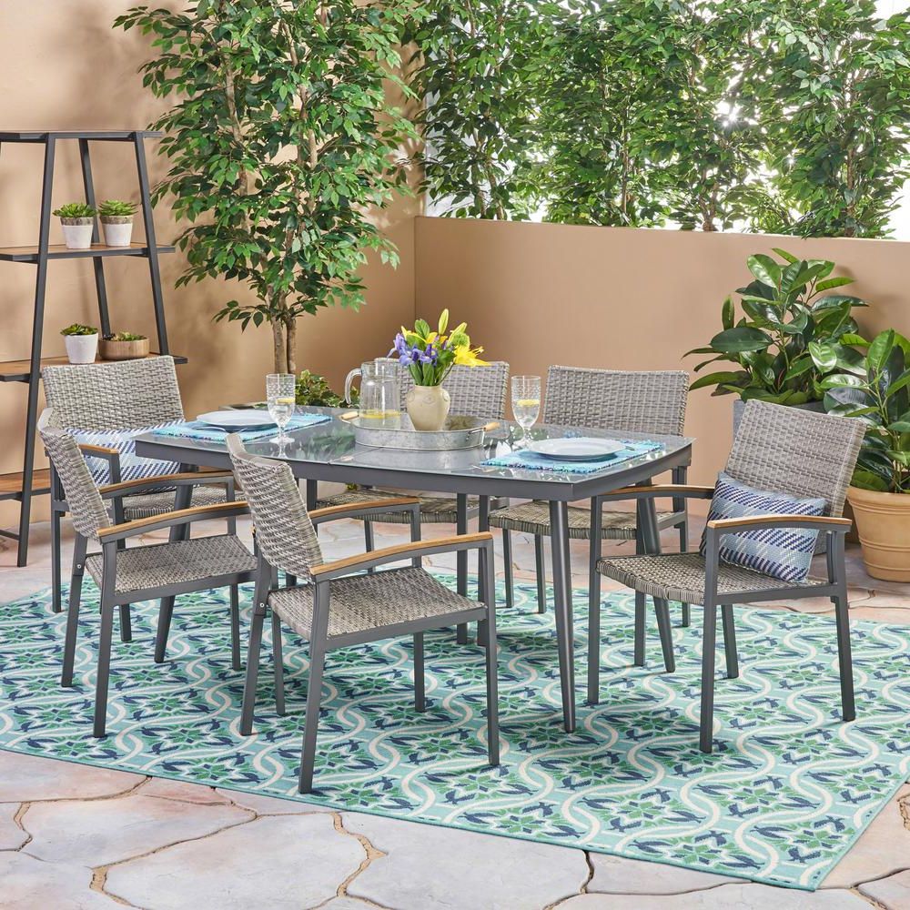Noble House Liverpool Gray 7 Piece Aluminum And Wicker Outdoor Dining In Widely Used 7 Piece Small Patio Dining Sets (View 4 of 15)