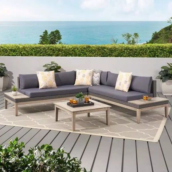 Noble House Loft Light Grey 4 Piece Wicker Patio Conversation Sectional For Preferred Gray Wood Outdoor Conversation Sets (View 14 of 15)