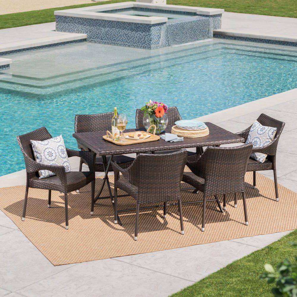 Noble House Madeleine Multi Brown 7 Piece Wicker Outdoor Dining Set Intended For Best And Newest Brown Wicker Rectangular Patio Dining Sets (View 8 of 15)