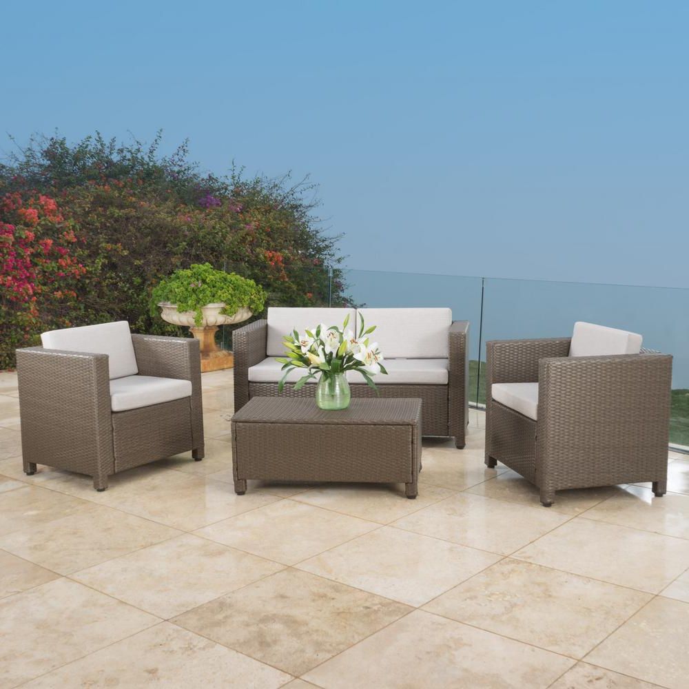 Noble House Maverick Brown 4 Piece Wicker Patio Seating Set With Intended For Current Outdoor Wicker Gray Cushion Patio Sets (View 9 of 15)