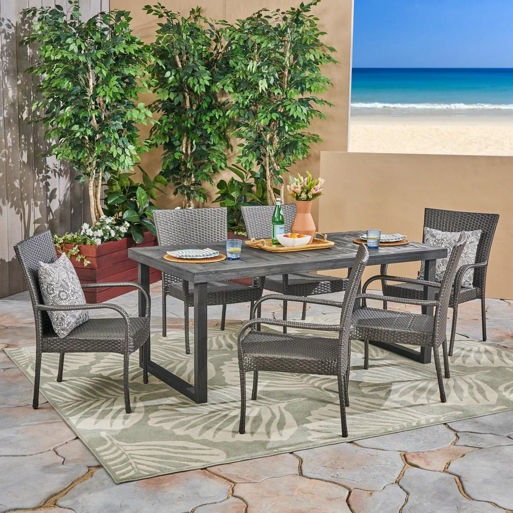 Noble House Mayhill Sandblast Dark Grey 7 Piece Wood And Grey Wicker Pertaining To Latest Gray Wicker Rectangular Patio Dining Sets (View 10 of 15)
