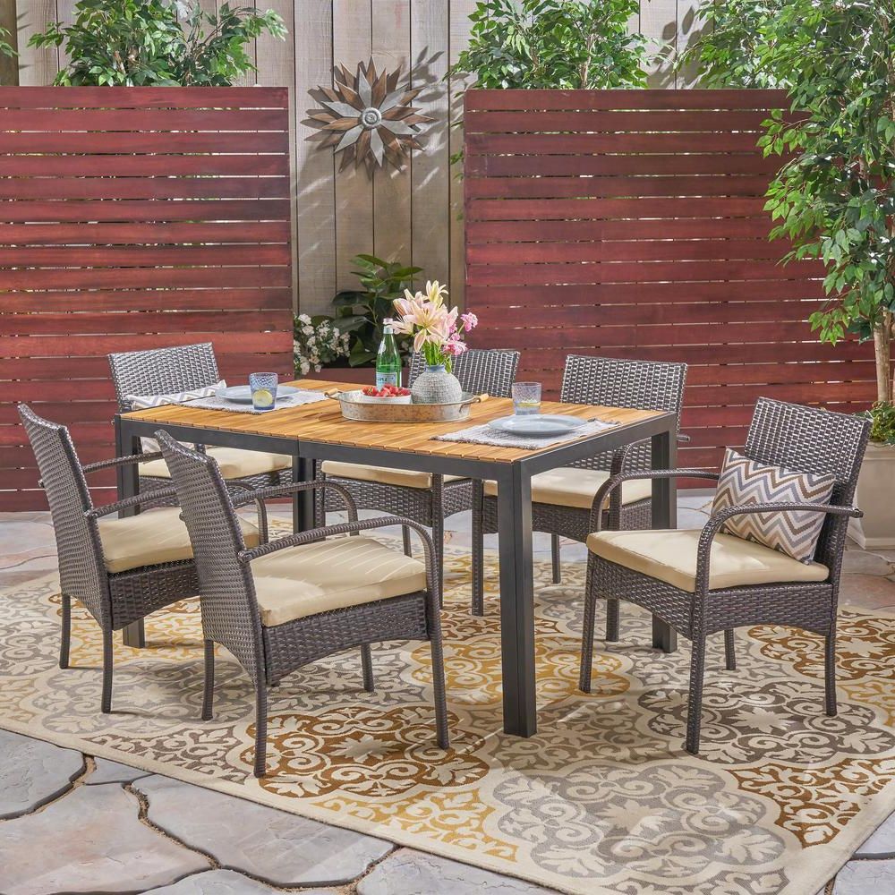 Noble House Miles Teak Brown 7 Piece Wood And Multi Brown Wicker For Well Known Teak Wicker Outdoor Dining Sets (View 4 of 15)