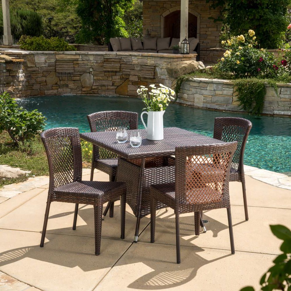 Noble House Multi Brown 5 Piece Wicker Square Outdoor Dining Set 295831 With Regard To Well Known Rattan Wicker Outdoor Seating Sets (View 10 of 15)