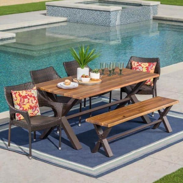 Noble House Multi Brown 6 Piece Wicker, Wood And Metal Rectangular Regarding Widely Used Brown Wicker Rectangular Patio Dining Sets (View 14 of 15)