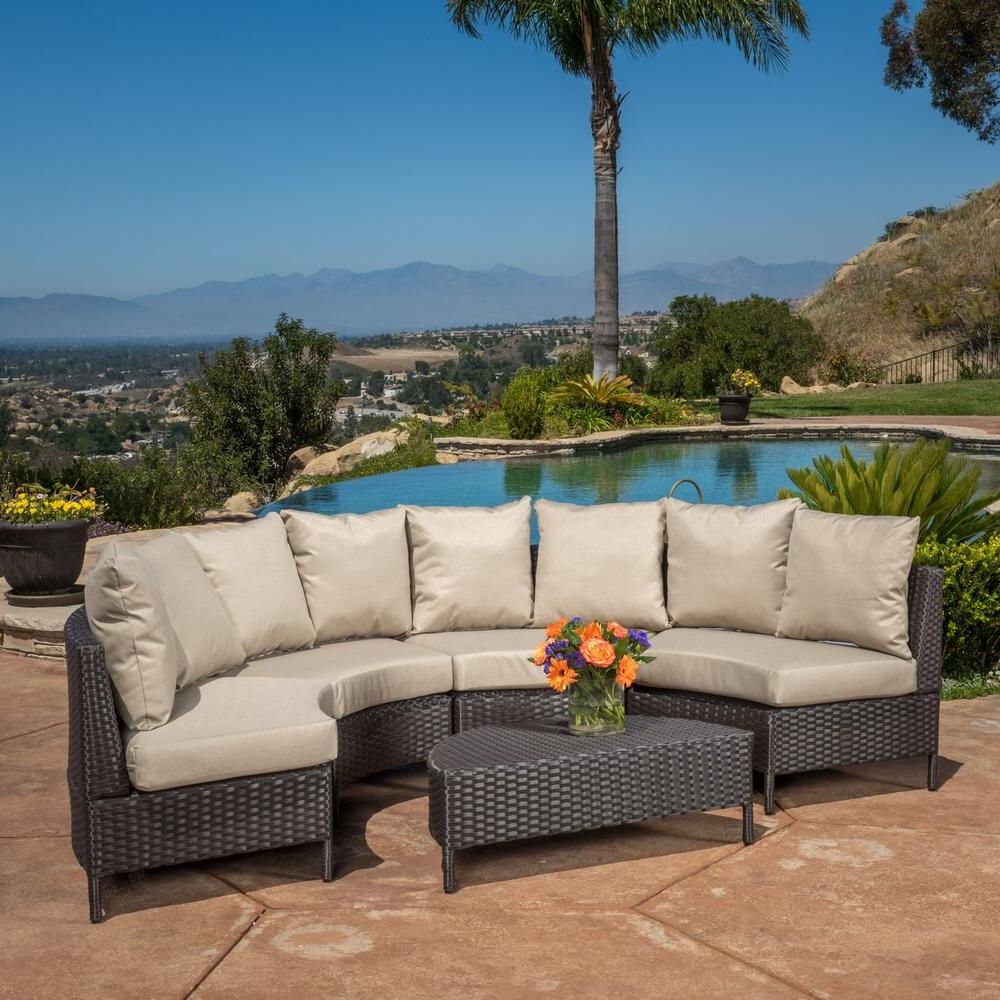 Noble House Newton Dark Brown 5 Piece Wicker Outdoor Sectional With Regarding Recent Dark Brown Patio Chairs With Cushions (View 1 of 15)