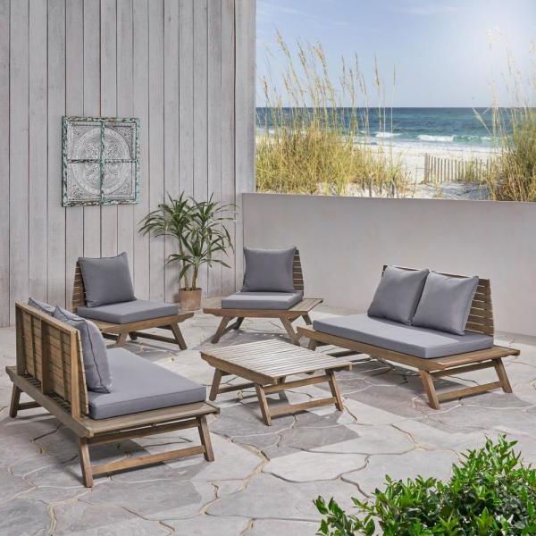 Noble House Sedona Grey 5 Piece Wood Patio Conversation Seating Set Intended For Popular Gray Wood Outdoor Conversation Sets (View 7 of 15)