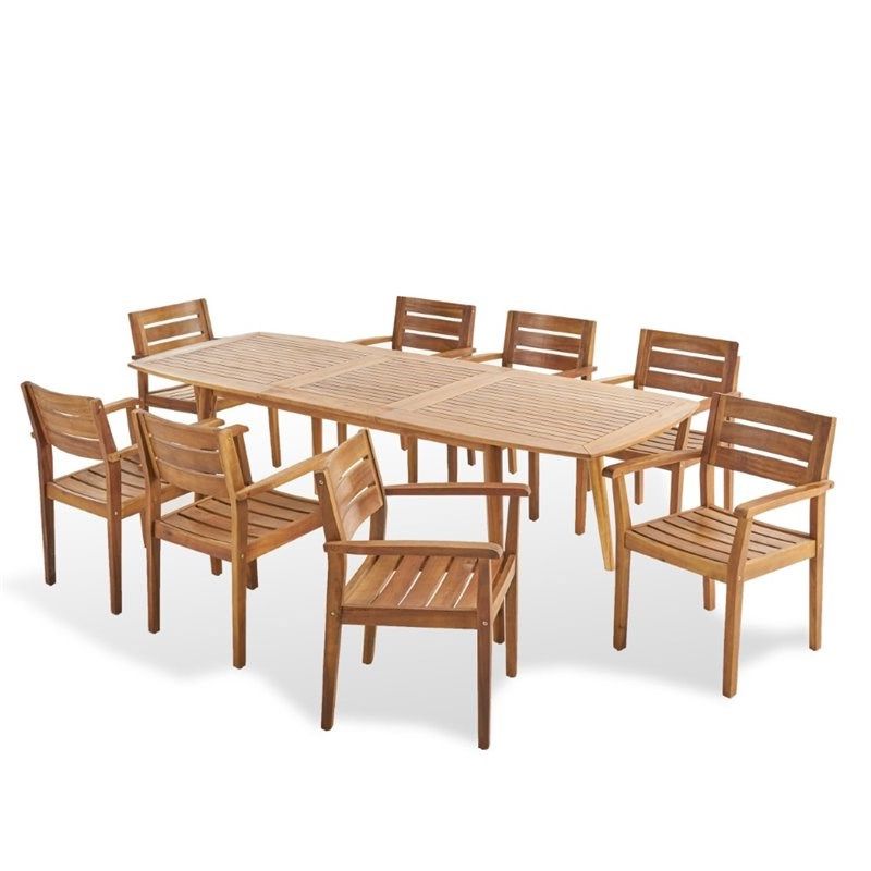 Noble House Stamford 9 Piece Outdoor Acacia Wood Dining Set In Teak Within Trendy 9 Piece Teak Wood Outdoor Dining Sets (View 2 of 15)