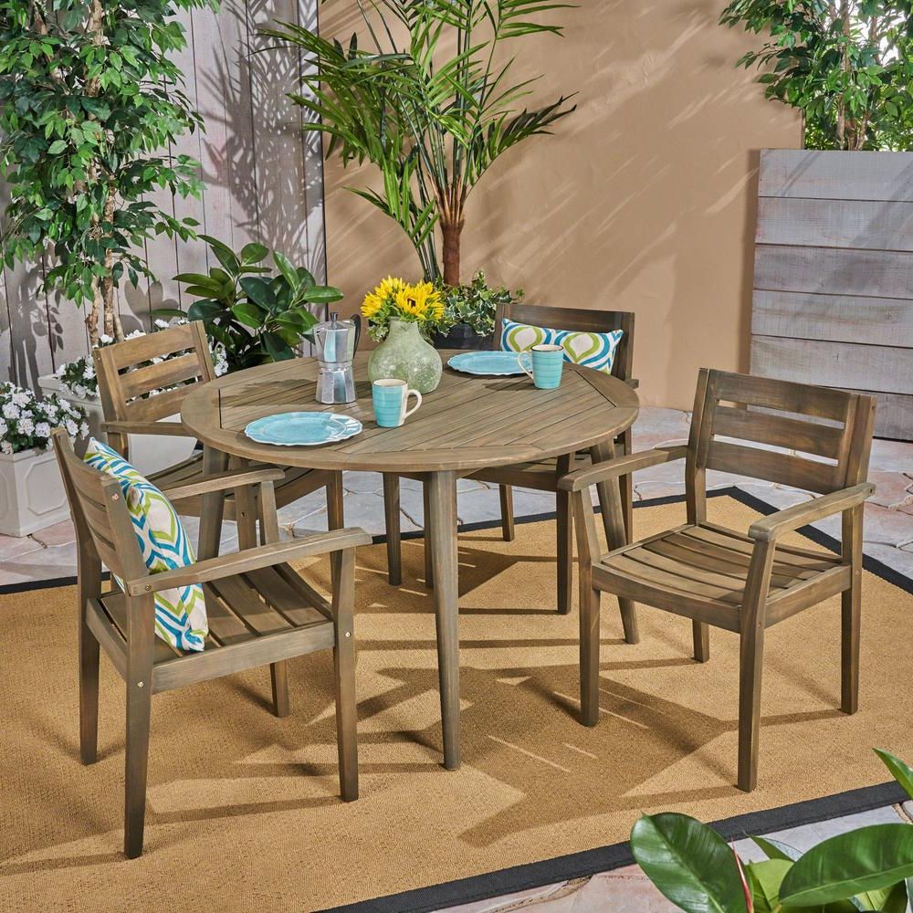 Noble House Stamford Grey 5 Piece Wood Round Outdoor Dining Set 53196 With Regard To Well Known Round 5 Piece Outdoor Dining Set (View 3 of 15)