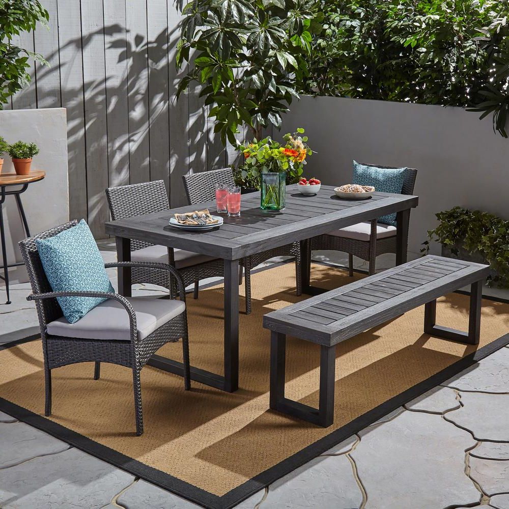 Noble House Stillwater Grey 6 Piece Aluminum And Wicker Outdoor Dining Intended For Most Popular Gray Wicker Rectangular Patio Dining Sets (View 11 of 15)