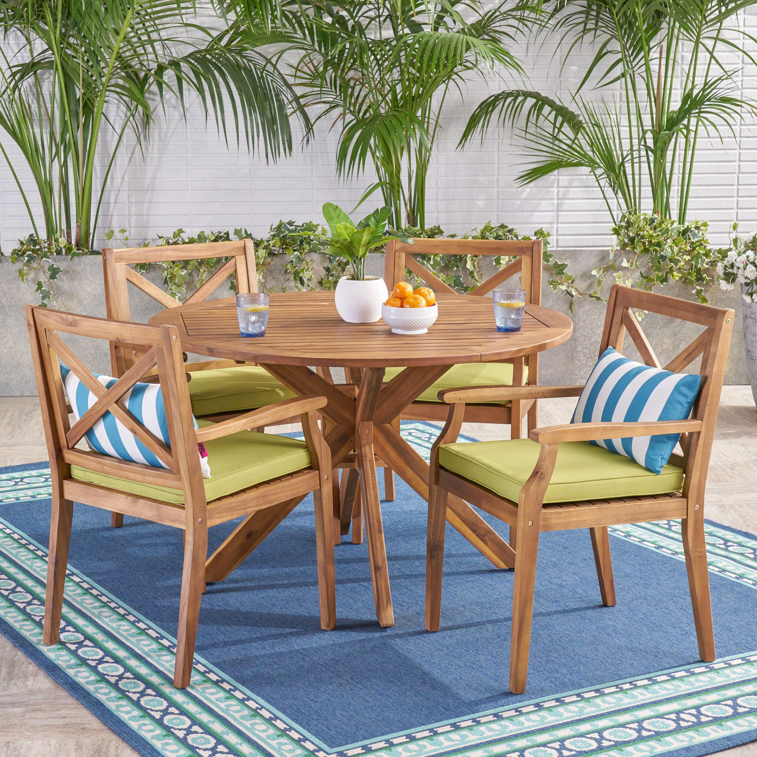 Oakley Outdoor 5 Piece Acacia Wood Round Dining Set With Cushions, Teak With Regard To Newest Round 5 Piece Outdoor Dining Set (View 1 of 15)