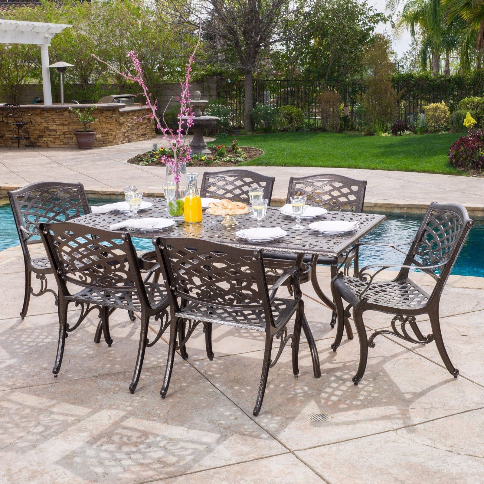 Odena Outdoor 7 Piece Cast Aluminum Rectangle Bronze Dining Set Intended For Most Popular 7 Piece Rectangular Patio Dining Sets (View 3 of 15)