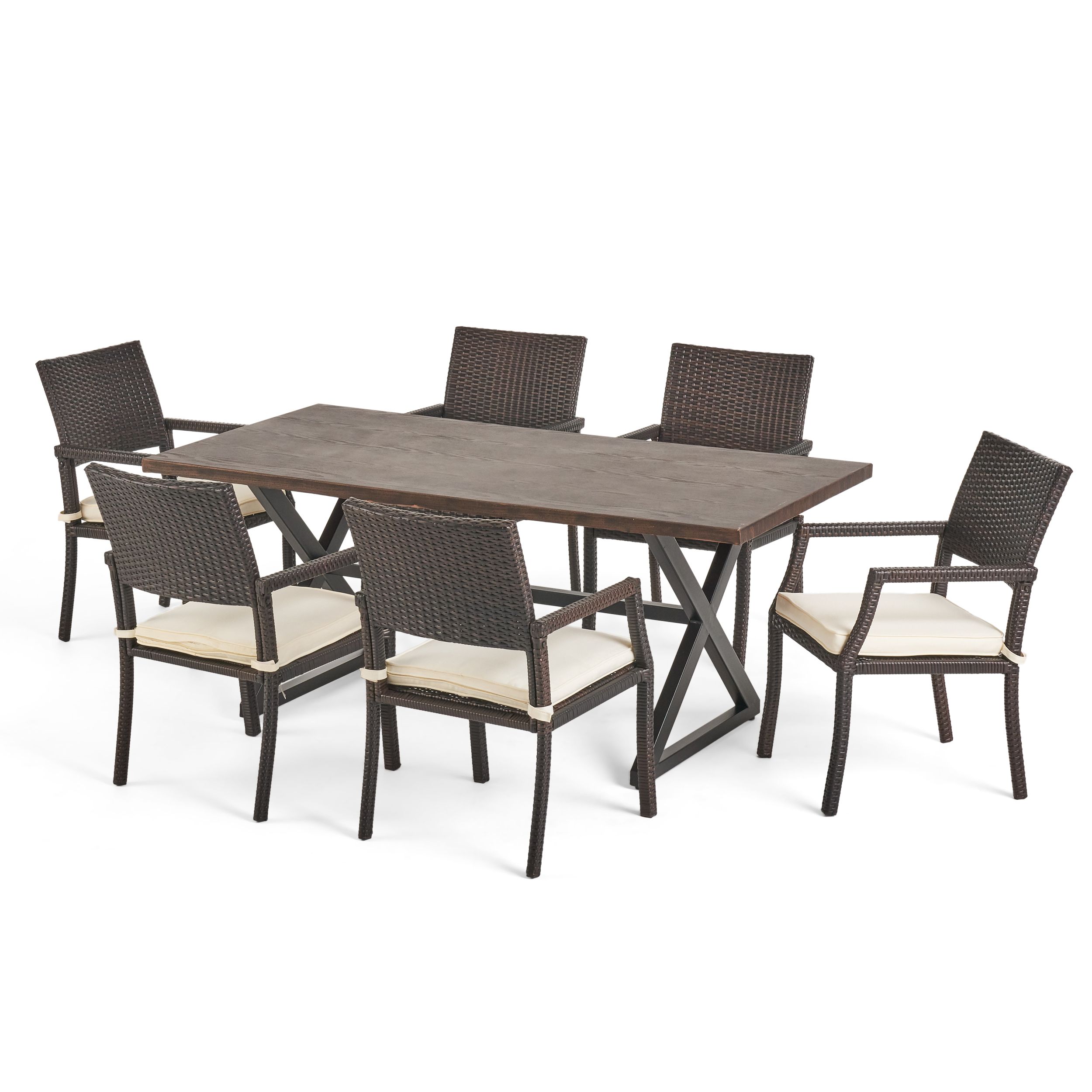 Outdoor 7 Piece Aluminum Dining Set With Wicker Dining Chairs And Regarding Fashionable White Outdoor Patio Dining Sets (View 15 of 15)