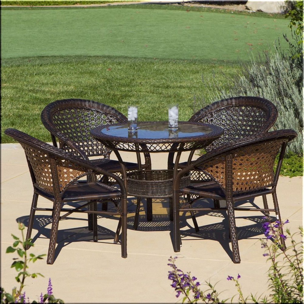 Outdoor Dining Set 5 Piece Round Table Chairs Resin Wicker Brown For Preferred 5 Piece Outdoor Bench Dining Sets (View 4 of 15)