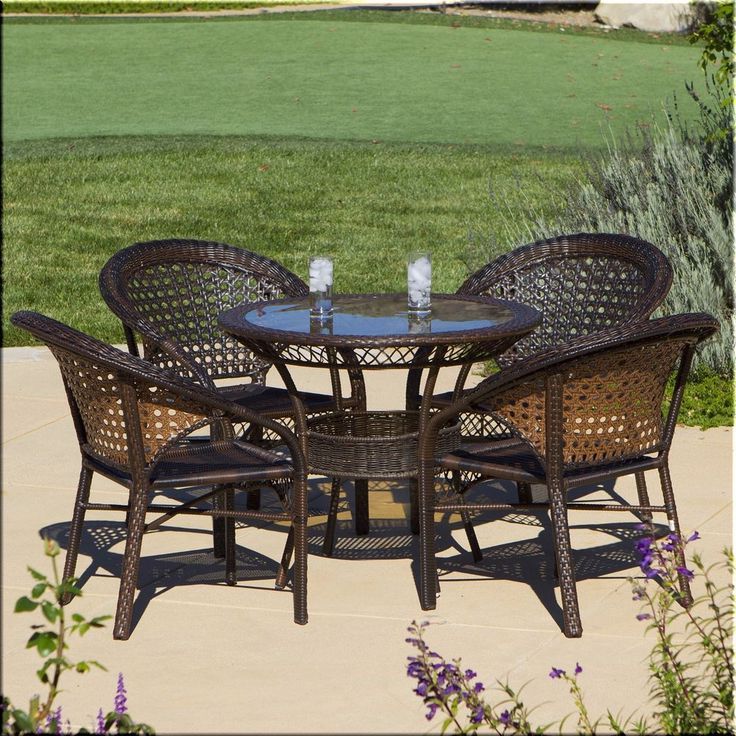 Outdoor Dining Set 5 Piece Round Table Chairs Resin Wicker Brown Intended For Current Wicker 5 Piece Round Patio Dining Sets (View 8 of 15)