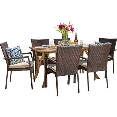 Outdoor Space Makeover Rincon 7 Piece Patio Outdoor Yard Dining Set In Favorite Beige Wicker And Green Fabric Patio Bistro Sets (View 11 of 15)