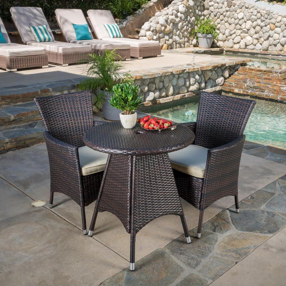 Outdoor Wicker Cafe Dining Sets Within Latest Noble House Melissa Multi Brown 3 Piece Wicker Round Outdoor Bistro Set (View 3 of 15)