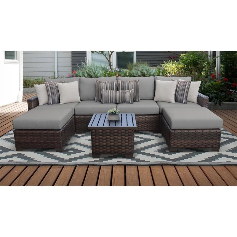 Outdoor Wicker Gray Cushion Patio Sets For Most Popular Kathy Ireland River Brook 7 Piece Outdoor Wicker Patio Furniture Set (View 4 of 15)