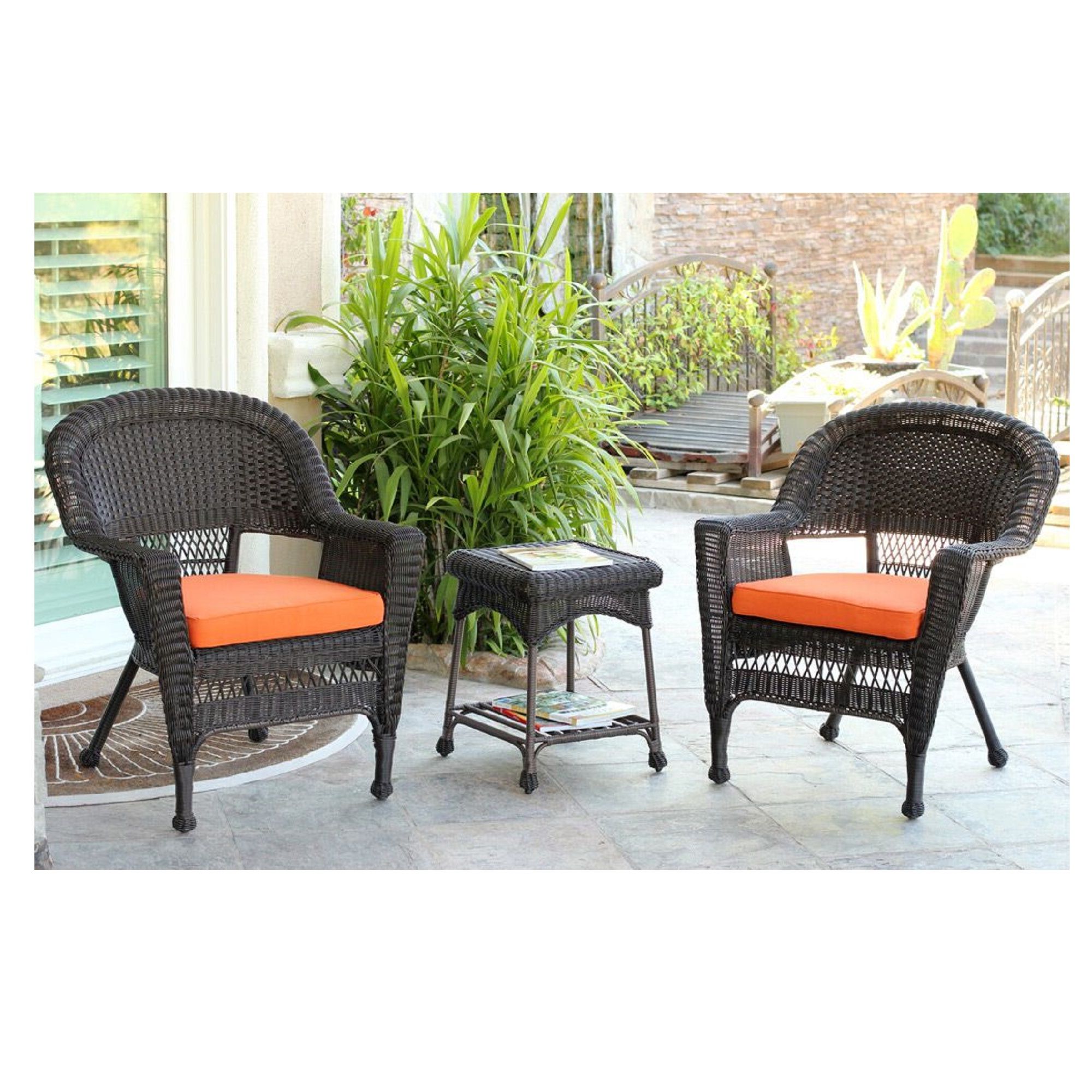 Outdoor Wicker Orange Cushion Patio Sets Within Fashionable Set Of 3 Espresso Brown Resin Wicker Patio Chairs And End Table (View 11 of 15)
