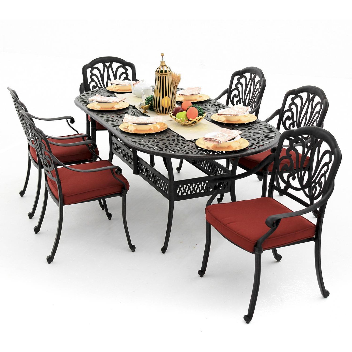 Oval 7 Piece Outdoor Patio Dining Sets With Most Recently Released Rosedown 7 Piece Cast Aluminum Patio Dining Set With 86 X 42 Inch Oval (View 15 of 15)
