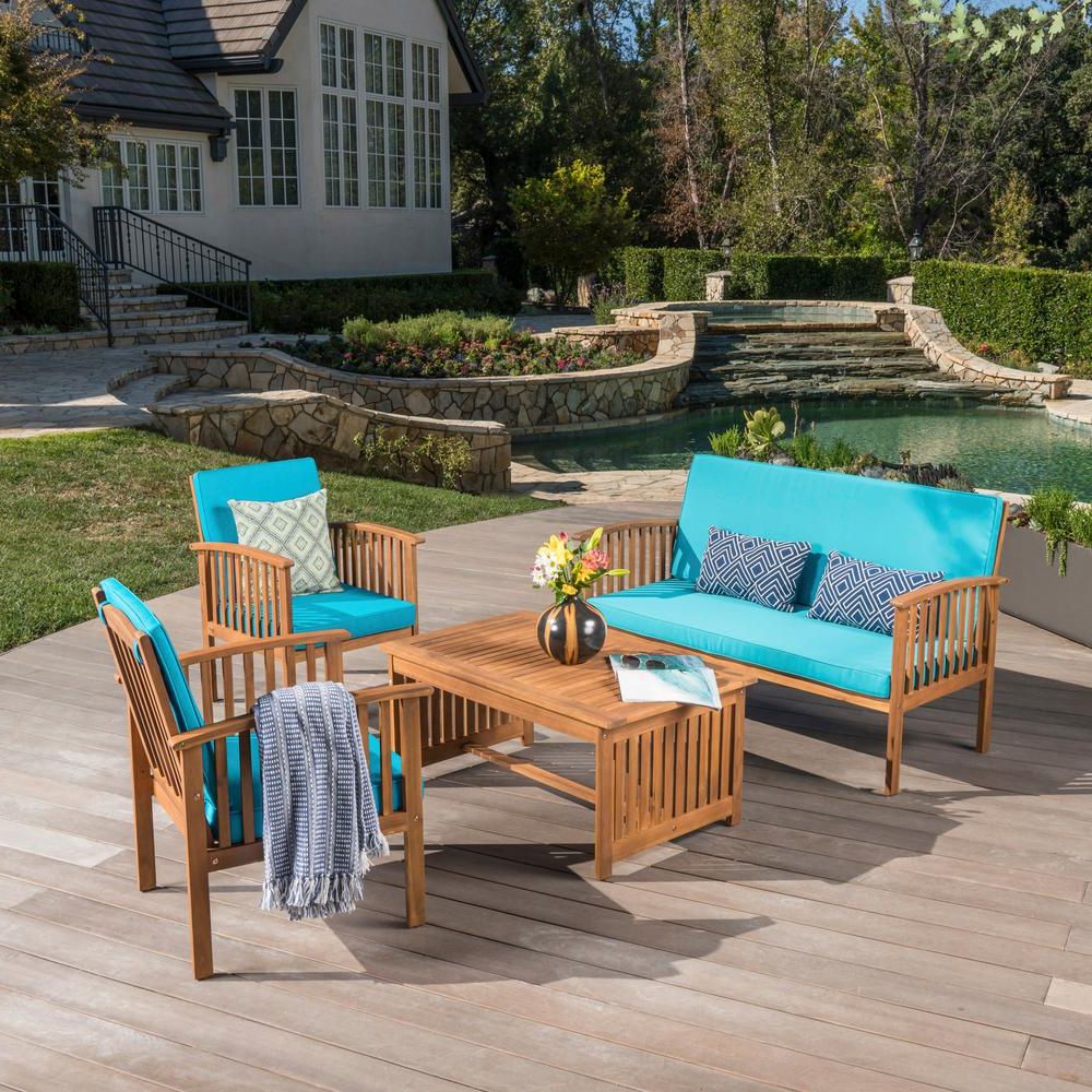 Patio Conversation Sets And Cushions For Trendy Noble House 4 Piece Wood Patio Conversation Set With Teal Cushions (View 1 of 15)