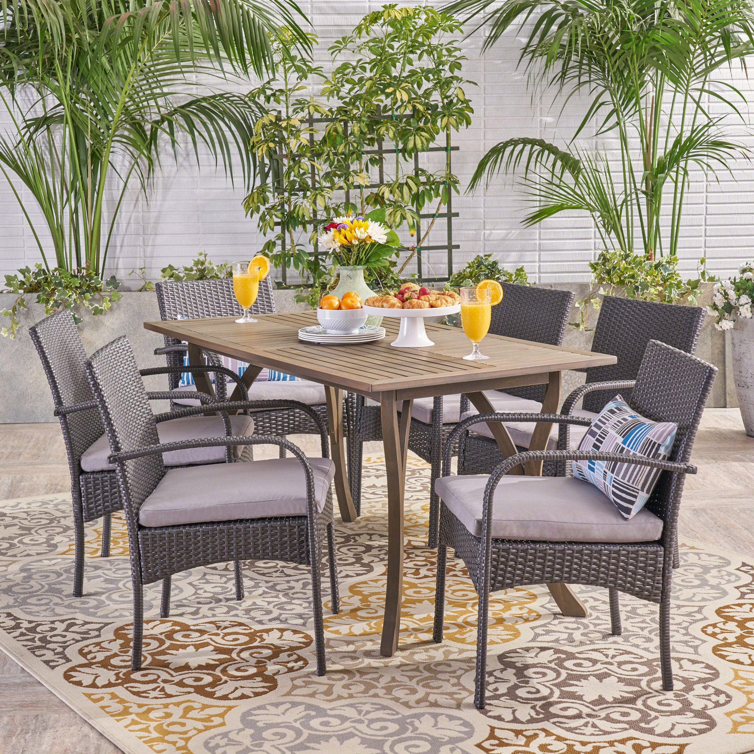 Patio Dining Sets With Cushions In 2019 Jurnee Outdoor 7 Piece Wood And Wicker Dining Set With Cushions, Gray (View 2 of 15)