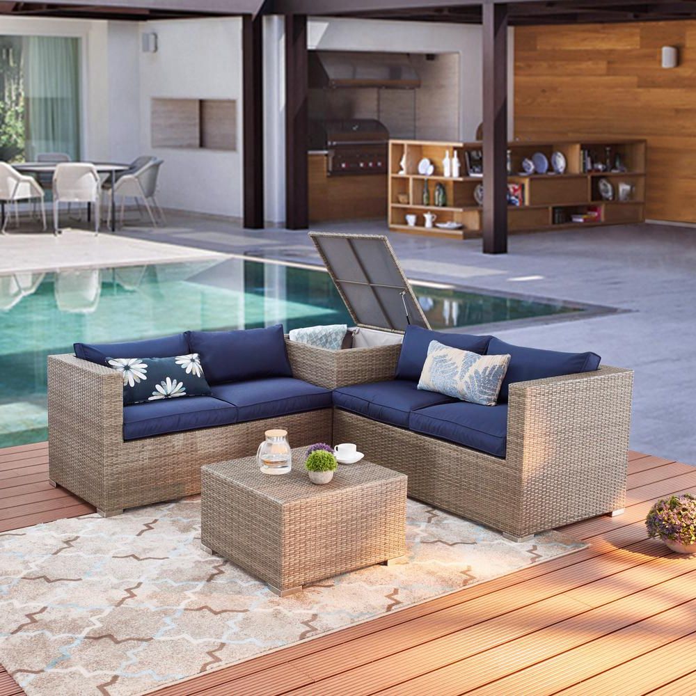 Patio Festival 4 Piece Wicker Patio Deep Seating Set With Blue Cushion Within Well Liked 4 Piece Outdoor Seating Patio Sets (View 9 of 15)