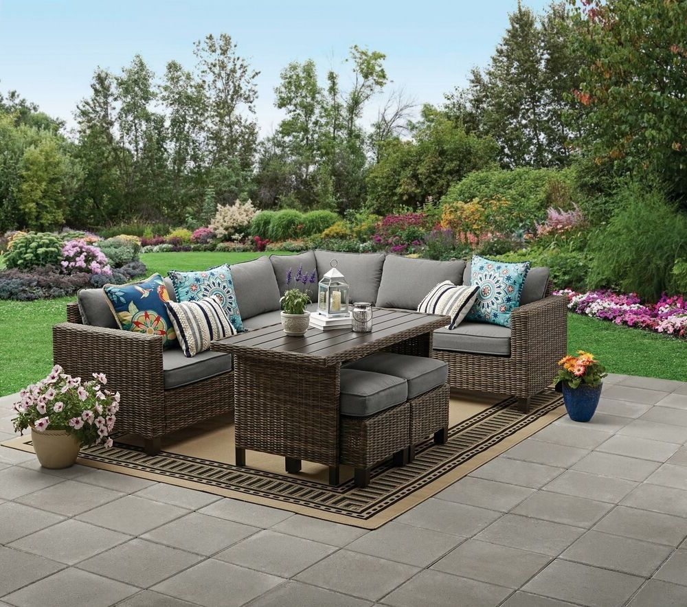 Patio Sectional Set 5pc Sofa Ottoman Dining Table Balcony Garden Regarding Latest Gray All Weather Outdoor Seating Patio Sets (View 3 of 15)