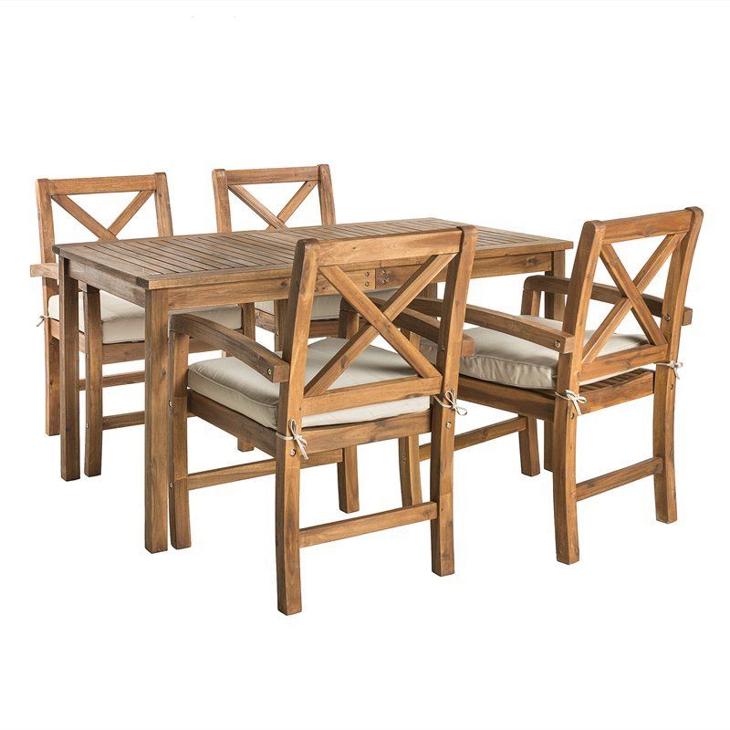 Pemberly Row Acacia Wood Patio 5 Piece Dining Set With X Shaped Back In In Widely Used Brown Acacia Patio Dining Sets (View 15 of 15)