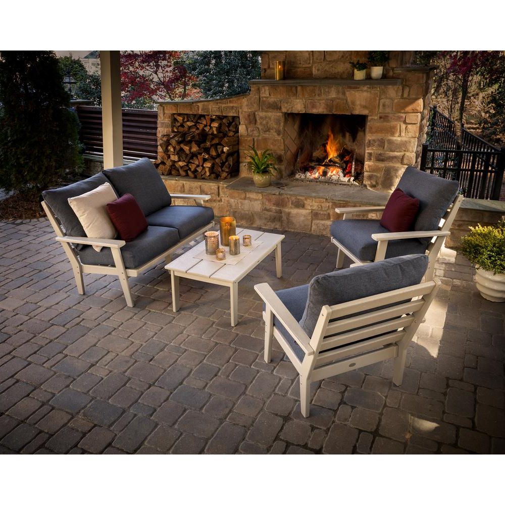 Polywood Grant Park Sand 4 Piece Plastic Patio Conversation Deep In Well Known 4 Piece Outdoor Seating Patio Sets (View 12 of 15)