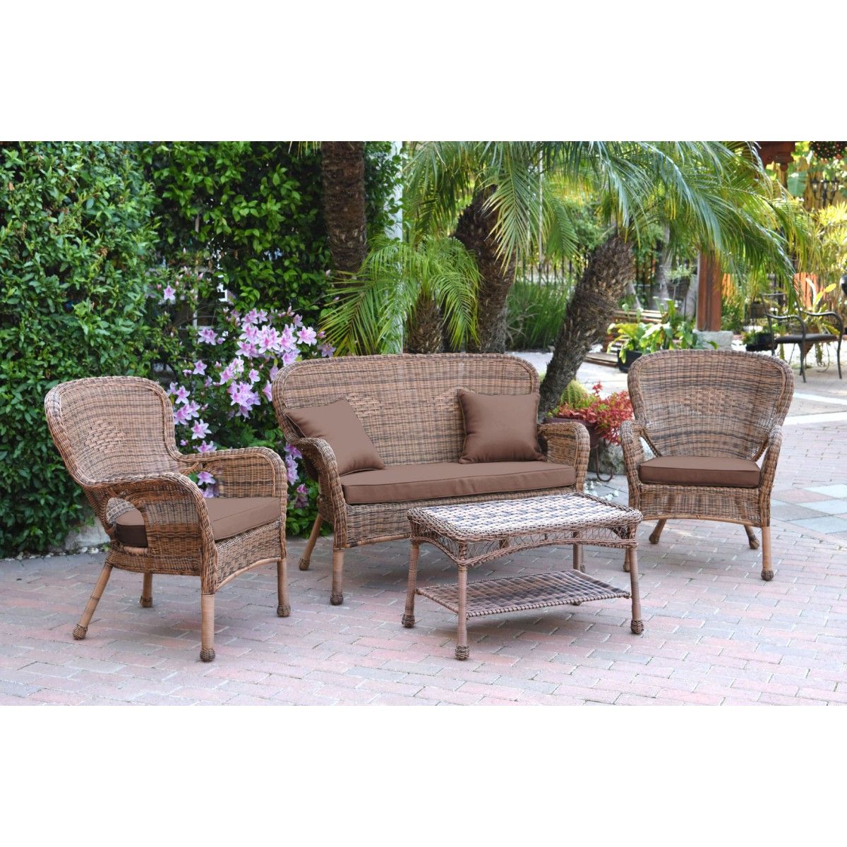 Popular 4pc Windsor Honey Wicker Conversation Set – Brown Cushions With Regard To Brown Patio Conversation Sets With Cushions (View 1 of 15)