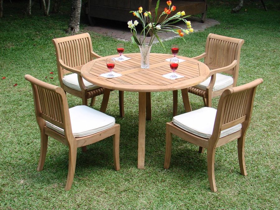 Popular 5 Piece Outdoor Teak Dining Set: 48" Round Table, 2 Arms, 2 Armless Inside Teak Armchair Round Patio Dining Sets (View 15 of 15)