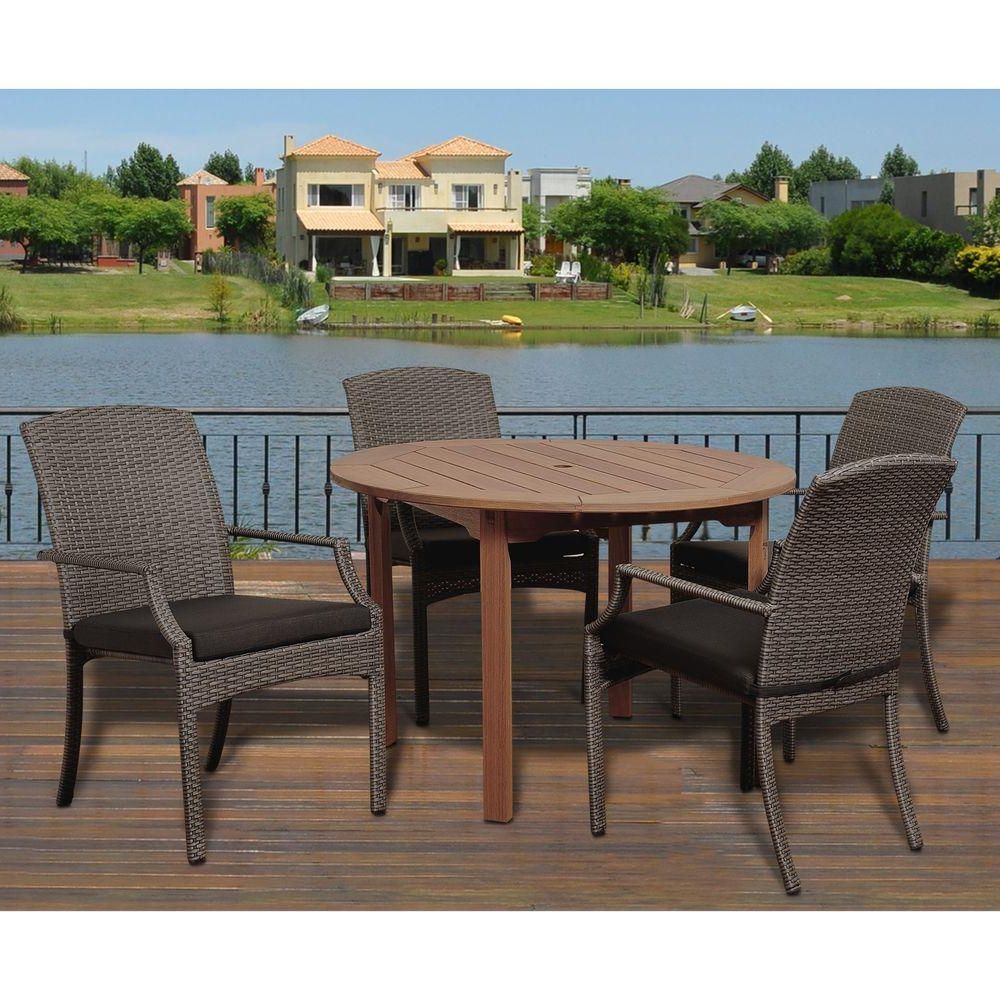 Popular Amazonia Dale 5 Piece Eucalyptus Round Patio Dining Set With Grey With Round 5 Piece Outdoor Patio Dining Sets (View 13 of 15)