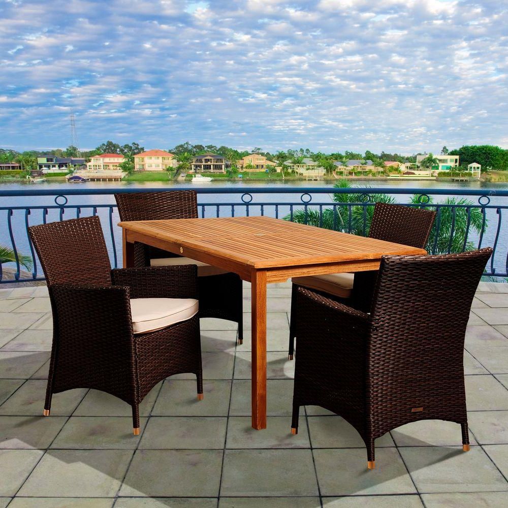 Popular Amazonia Moore 5 Piece Teak Rectangular Patio Dining Set With Off White With Regard To Teak Outdoor Square Dining Sets (View 2 of 15)