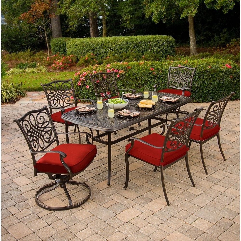 Popular Hanover Traditions 7 Piece Dining Set In Red With Two Swivel Rockers With Red 5 Piece Outdoor Dining Sets (View 11 of 15)