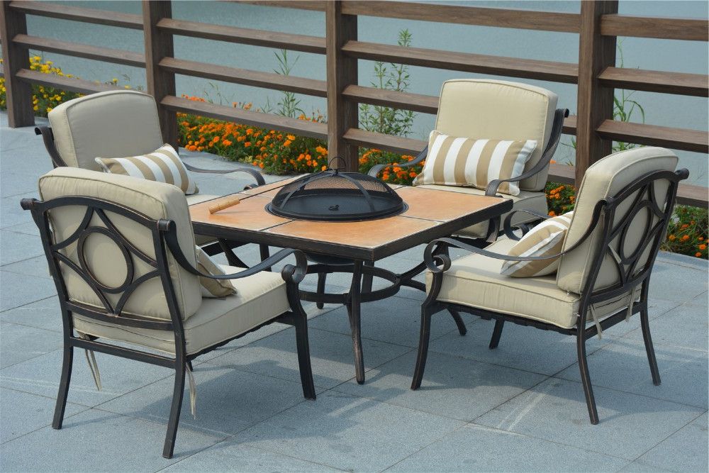 Popular Hot Sell 5pc Coffee Table Outdoor Dining Table Set With Gas Fire Pit Throughout Distressed Wicker Patio Dining Set (View 10 of 15)