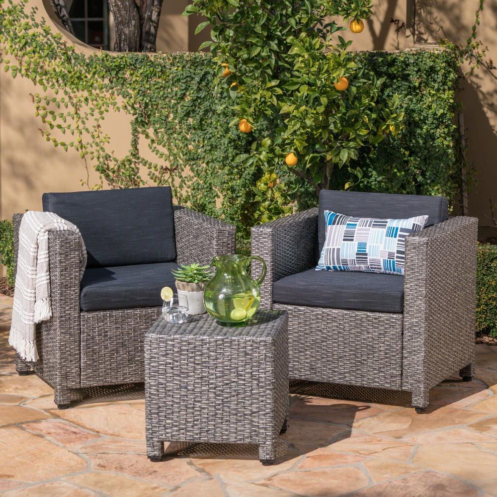 Popular Noble House 3 Piece Wicker Patio Conversation Set With Dark Gray Throughout 3 Piece Outdoor Table And Chair Sets (View 7 of 15)